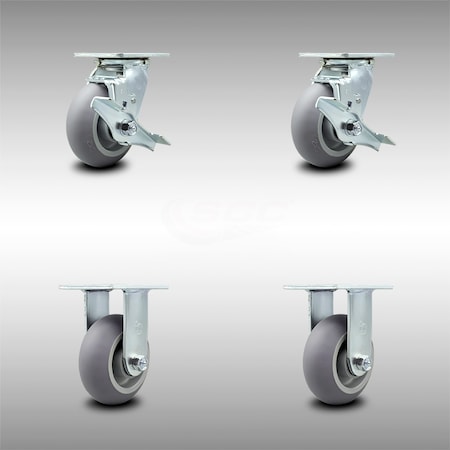 Service Caster 5 Inch SS Thermoplastic Rubber Caster Set with Roller Bearings 2 Brake 2 Rigid SCC-SS30S520-TPRRD-TLB-2-R-2